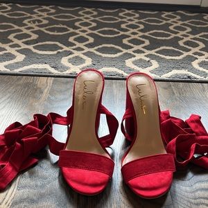 Lulus lace up heels in dark red color, size 8, suede. Currently on website.